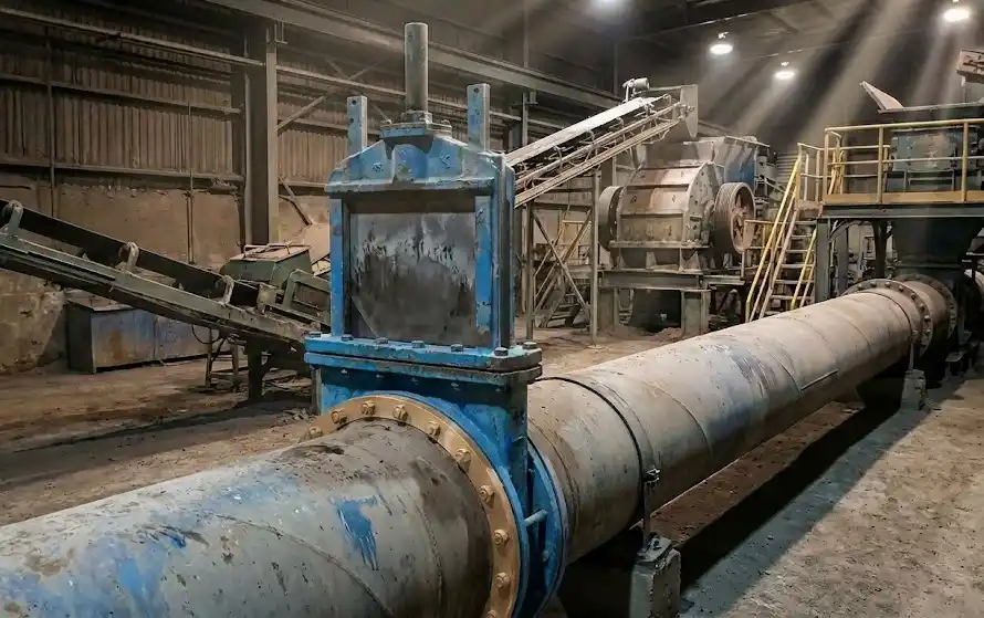 Válvula de cuchilla industrial de alta resistencia instalada en tubería de procesamiento de minerales para manejo de lodos abrasivos