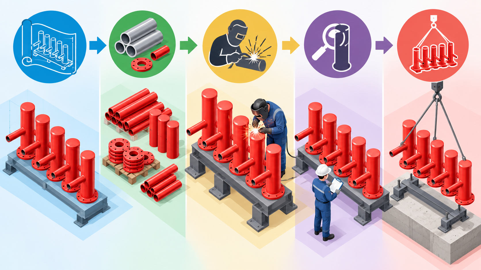 Infografía conceptual que muestra revisión de planos, materiales, soldadura, inspección y montaje de un conjunto de tubería roja