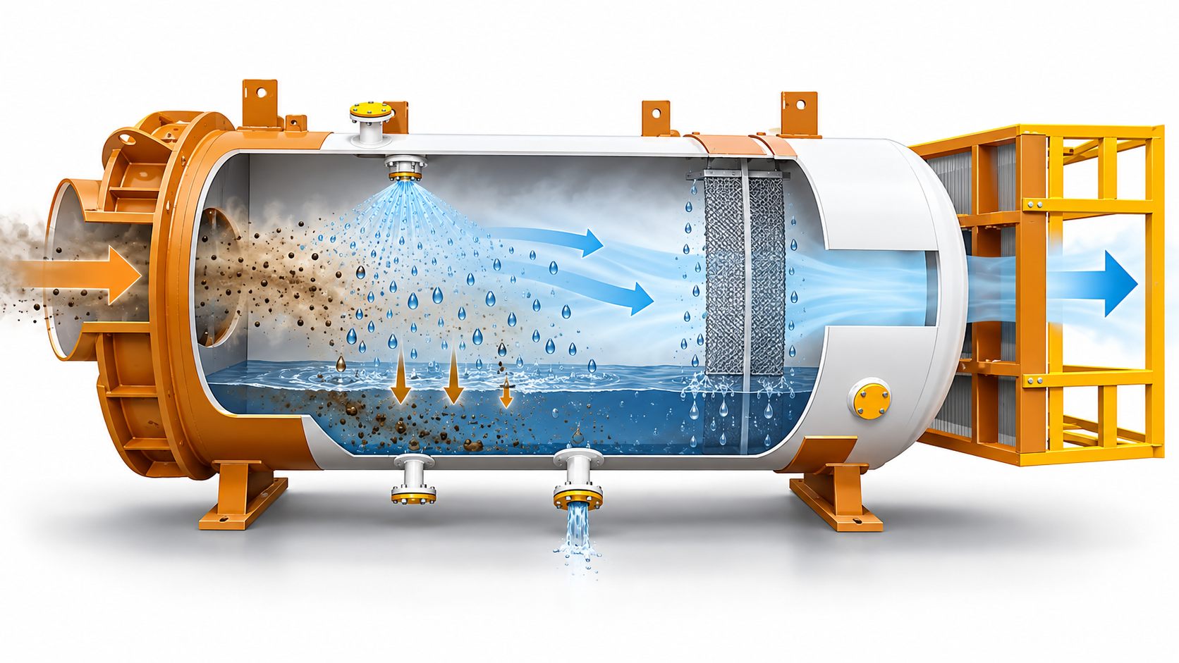 Corte conceptual de un scrubber horizontal con flujo de gas, gotas y partículas descendiendo hacia una zona inferior de colección
